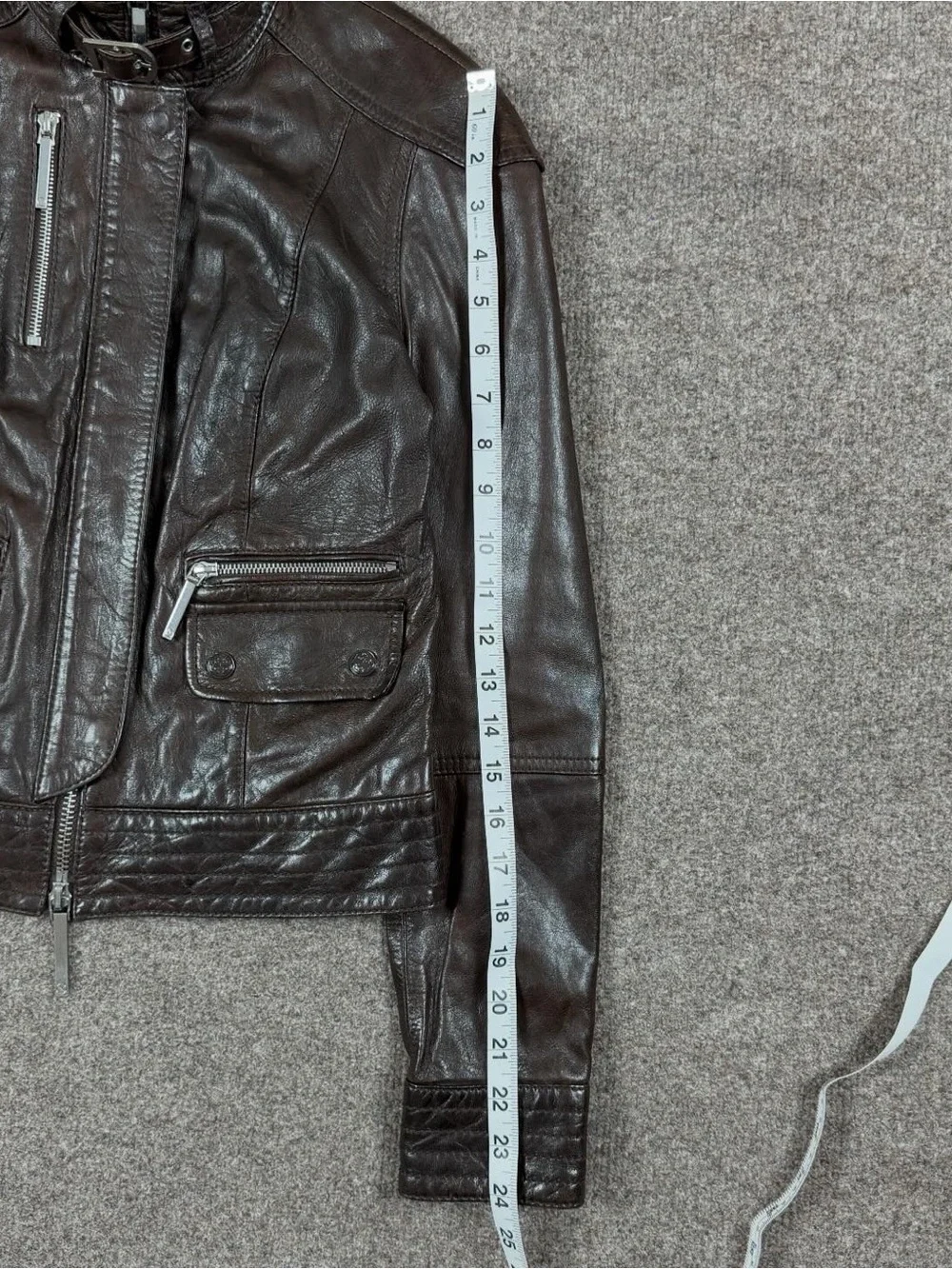 Tory Burch Brown Leather Moto Jacket Women’s Size 2 XS/S Buckle Funnel Neck Y2K